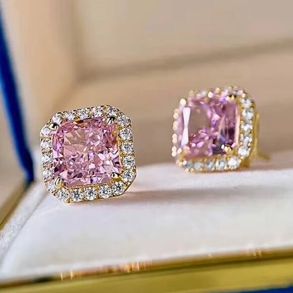 18k Gold Pink Sapphire Diamond Earrings Cushion Cut Earrings - Picture 3 of 6